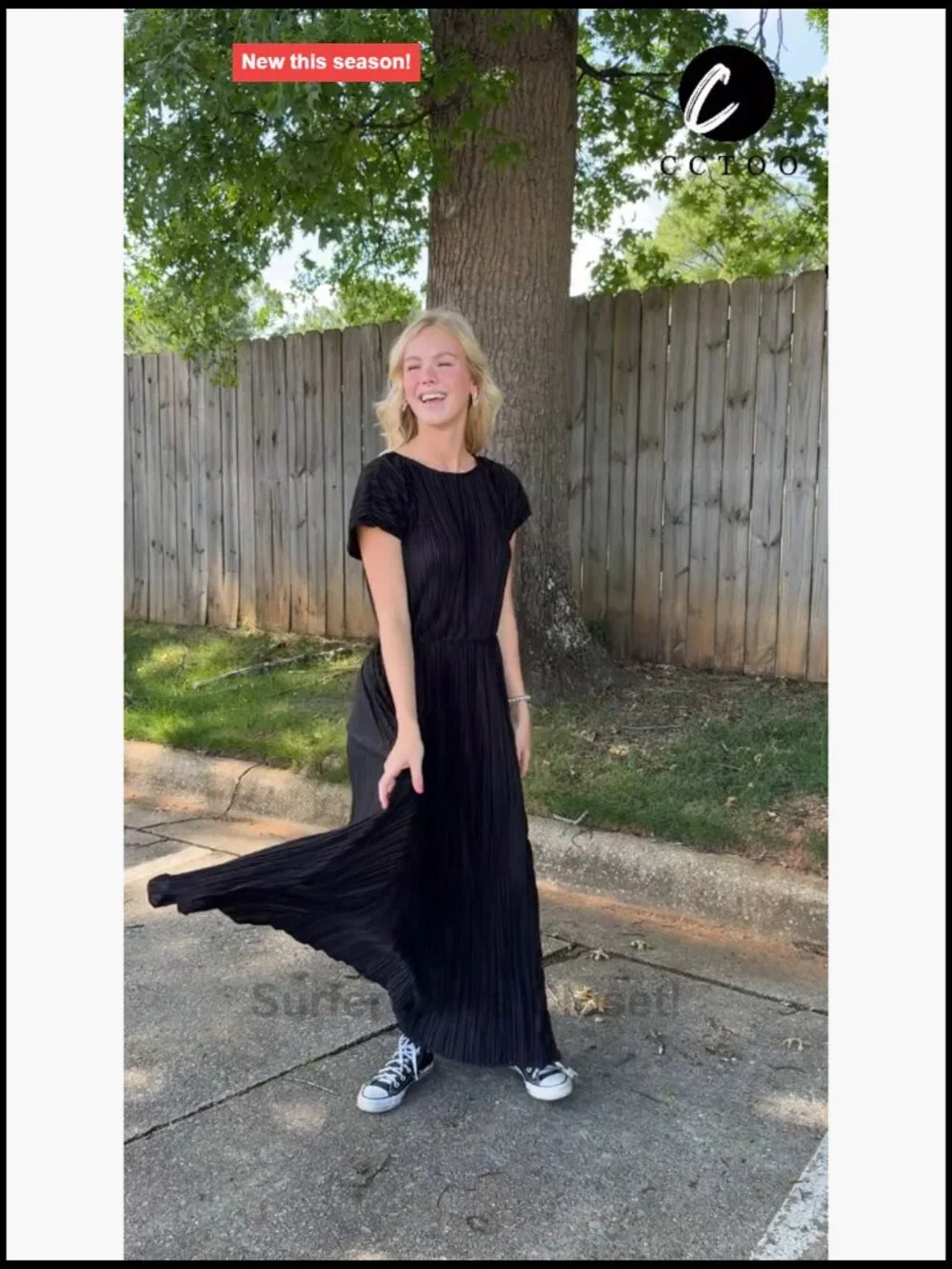 Women's Summer Maxi Dress Short Sleeve Crewneck Slit Sundress Ruffle Pleated